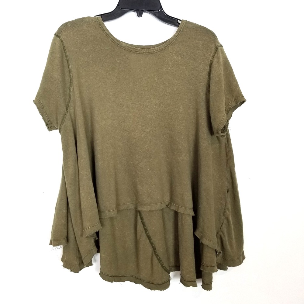Free People Women High Low Flowy Blouse Top Sz XS/S‎ Olive linen Blend Boho